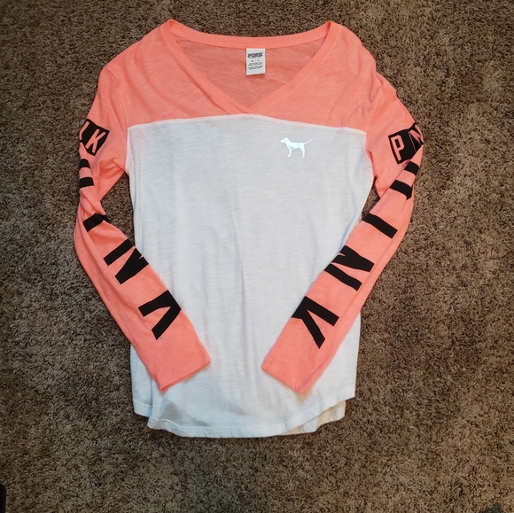 PINK Victoria's Secret Tops - PINK orange and white v neck long sleeve xs